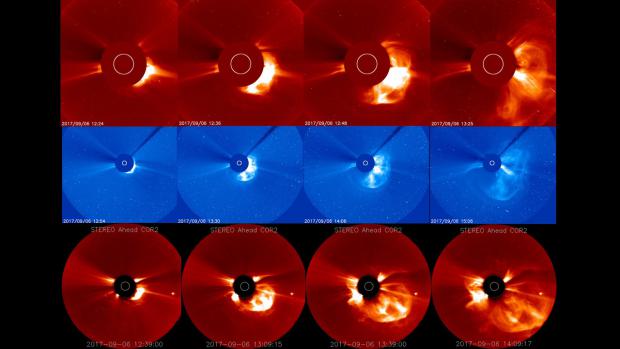Image of eight CME's in rows of four captured by a satellite. 