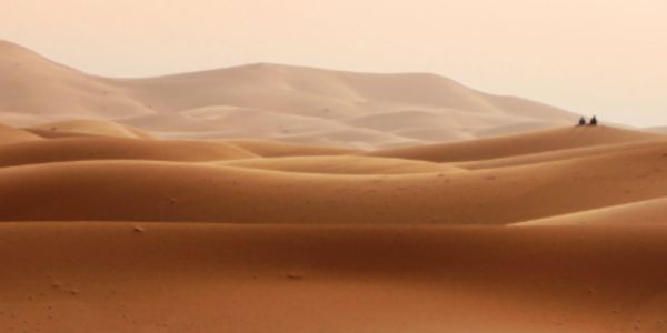 Alt Text: Sand dunes in front of a light pink overcast sky in a Moroccan desert.