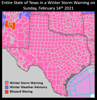 Map of south-central U.S. with Texas centered and all counties outlined in gray. Every county is shaded pink, indicating that they all received a Winter Storm Warning from the National Weather Service.