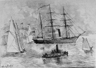  Black and white sketch by H.A. Ogden, depicting Jeannette leaving San Francisco, California surrounded by sailboats and other ships.