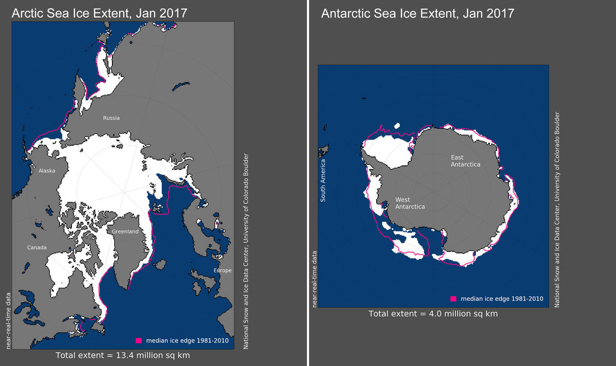 Maps of Arctic and Antarctic sea ice extent in January 2017