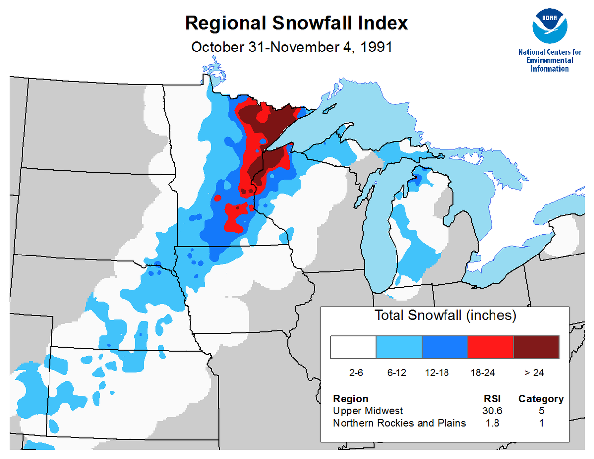 Map of October 31 to November 4, 1991, snowfall totals from the Regional Snowfall Index