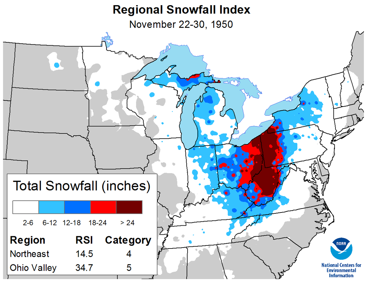 Map of snowfall totals between November 22 and 30, 1950, along with corresponding Regional Snowfall Index information