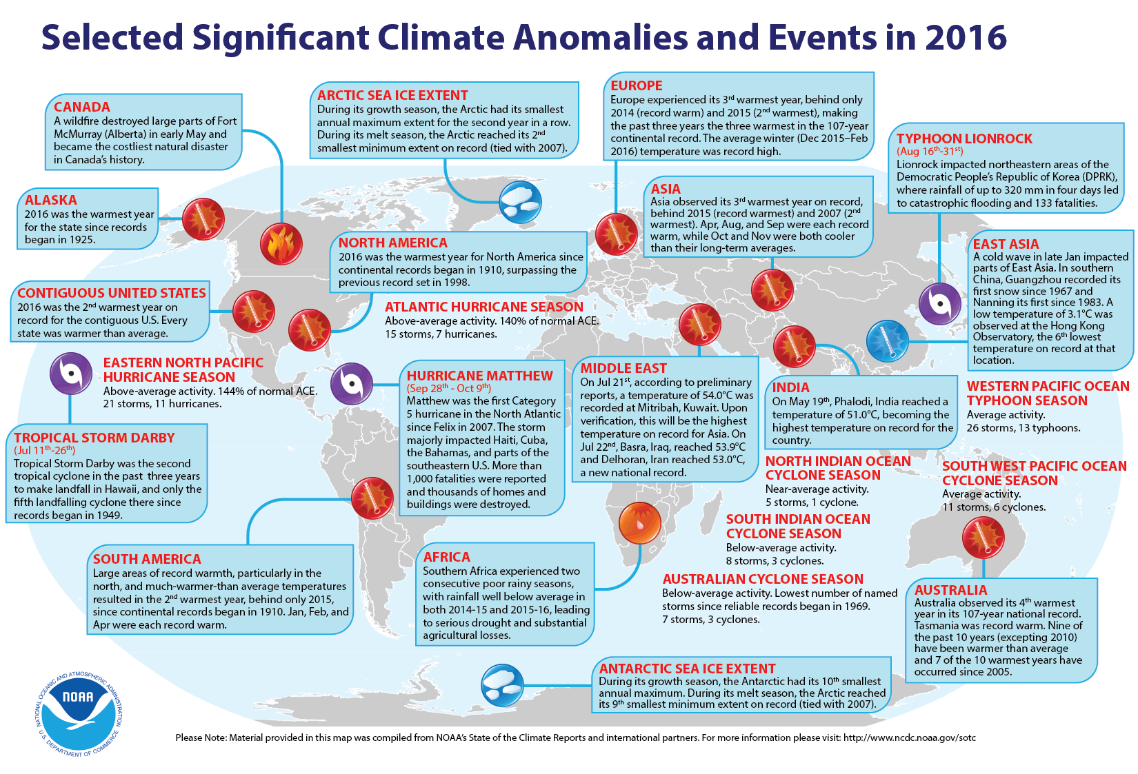 2016 Annual Selected Climate Anomalies and Events Map