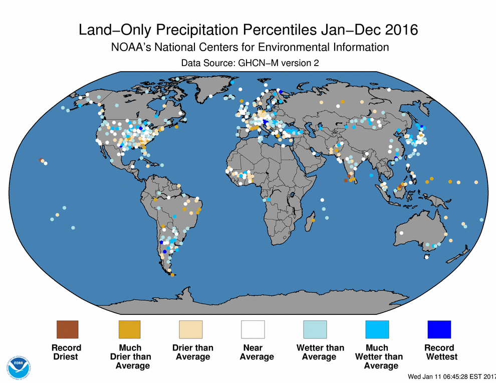 January–December 2016 Land-Only Precipitation Percententiles