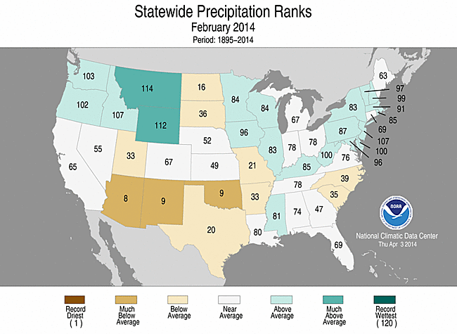February 2014 Statewide Precipitation Ranks Map