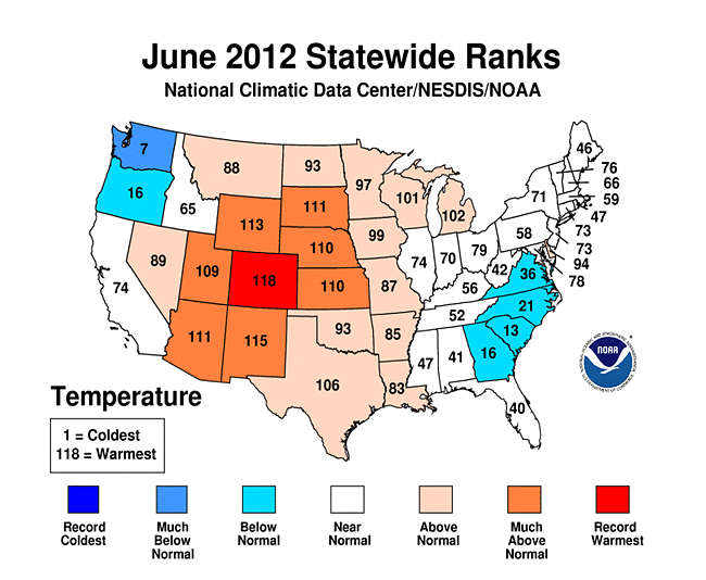 June 2012 Statewide Temperature Ranks Map