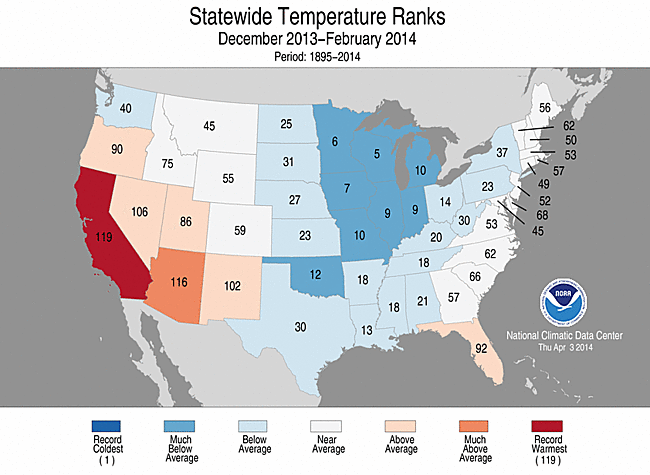 Winter 2014 Statewide Temperature Ranks Map