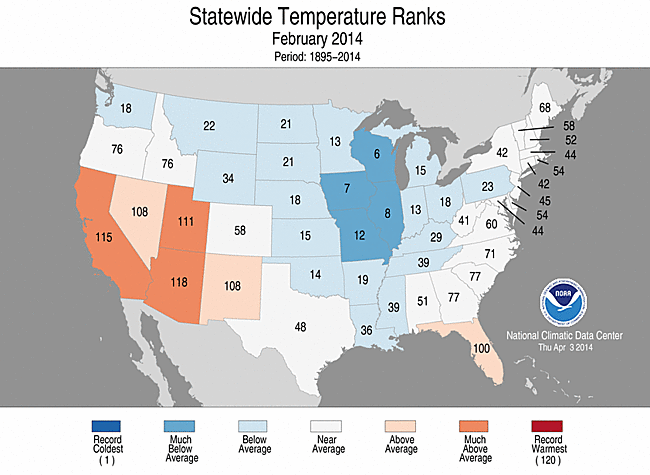 February 2014 Statewide Temperature Ranks Map
